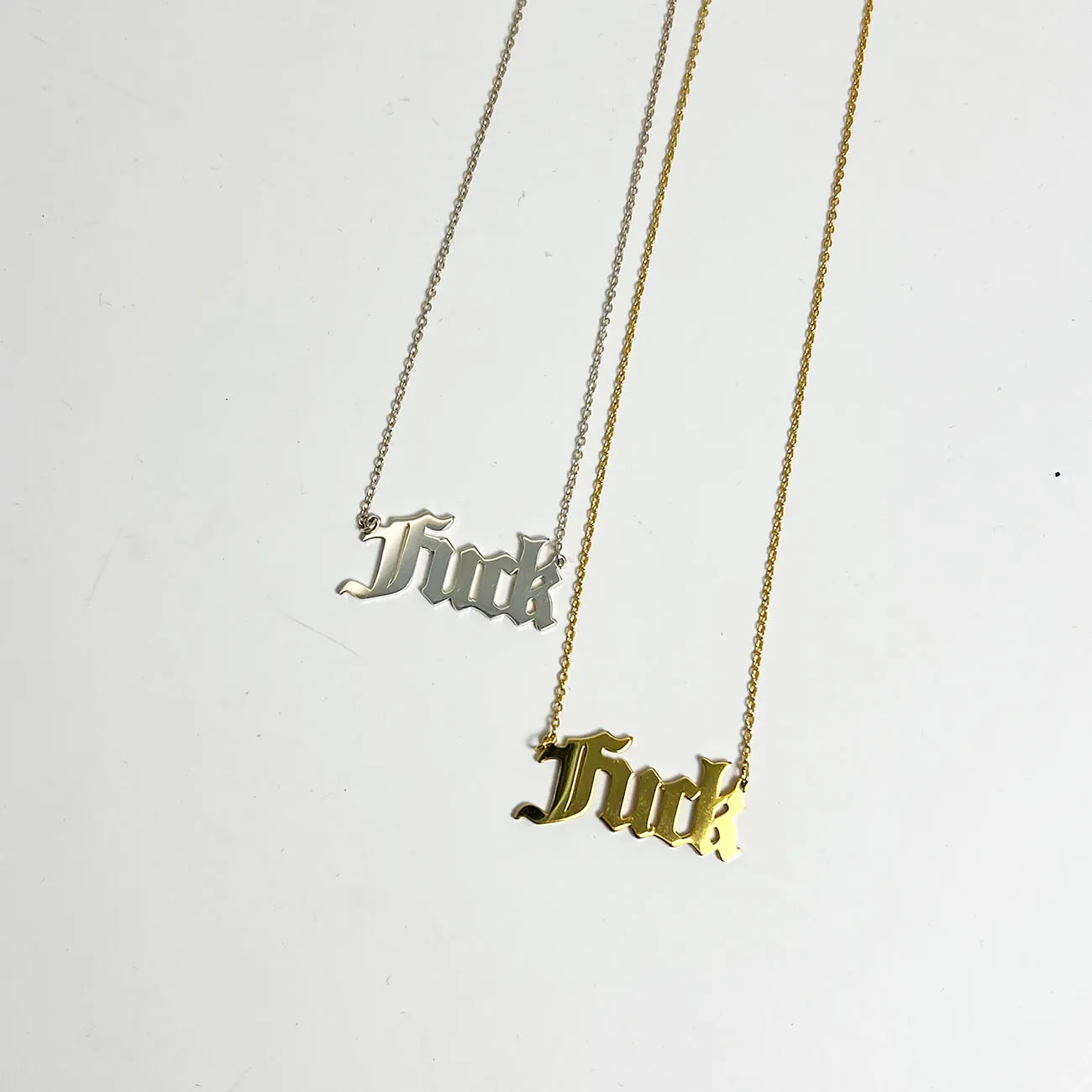 925 Sterling silver "Fuck" necklace in Gold & Silver written in an Old English / Punk Style Font - Jewellery with swear words on it, Perth WA