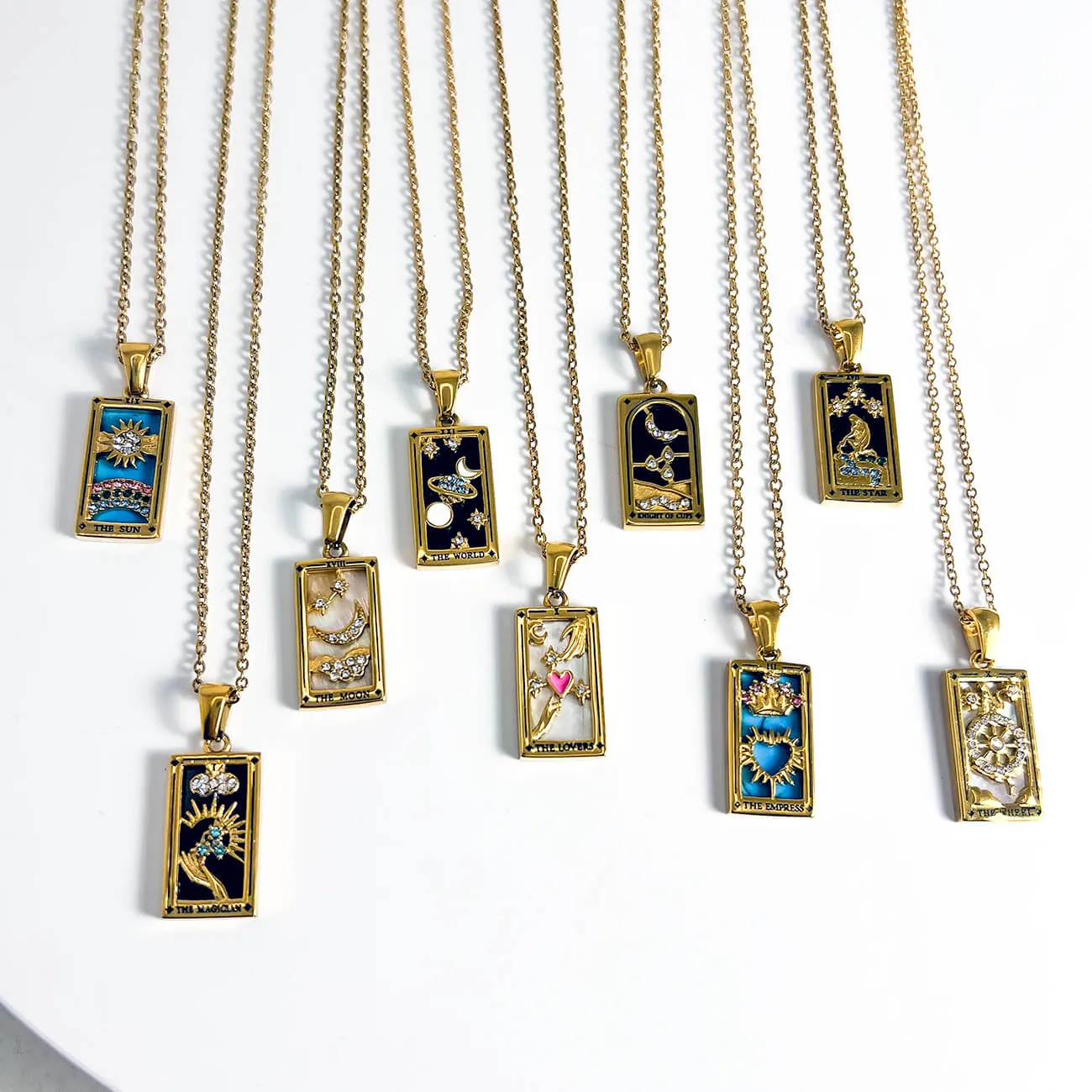 Stainless steel Tarot card necklaces - antique gold, zirconias and stone 18cm cable chain - Tarot jewellery, Perth WA